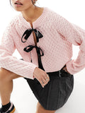 Poshoot Y2k Knit Cardigan Women  Full Sleeve Preppy Style Sweater Tos O-Neck Slim Fit Winter New Fashion Bow Tie Front Sweater Female