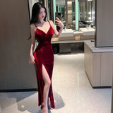 Poshoot 2023 Summer Women's Sexy Temperament V-neck Low cut Velvet sling ceremonial dress Side Split Slim Wrap buttocks Long Dress UR6Y