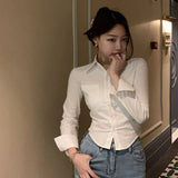 Poshoot 2024 Sexy Slim Fit White Shirt Women Korean Fashion Turn Down Collar Folds Crop Tops Woman Long Sleeve Y2K Blouse Female