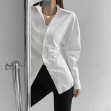 Poshoot 2024 Fashion White Slim Fit Shirt Women Turn Down Collar Elegant Long Sleeve Blouses Woman Pleated Button Up Shirts Top