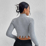 Poshoot Knitted Sweater Women High Collar Long Sleeve Worn Sexy Hollow Out Pullover Spring High Street Navel Y2K Sweaathers Tops