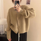 Poshoot Autumn Winter Women's Knitted Cardigan Round Neck Single Breasted Sweater Women Solid Warm Long Sleeve Cardigans Female