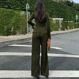 Poshoot Women's Pants 2-piece Set Autumn Pleated Long Sleeve Top Slim Pants Set Office Casual Commuting Pants Set Female Outfits