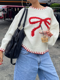 Poshoot Women Cute Bow Printed Sweater Crewneck Oversized Knit Jumper Top Long Sleeve Pullover Sweater Knitwear