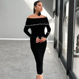 Poshoot Fashion One Shoulder Lace Long Dress Women's Sexy Slim Tube Top Long Sleeve Dress Autumn Elegant Backless Dress Robe