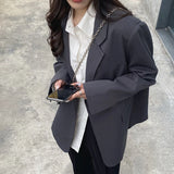 Poshoot Lcuyever Korean Style Gray Blazer for Women Spring Autumn Long Sleeve Loose Suit Coat Woman Single Breasted Chic Jackert Female