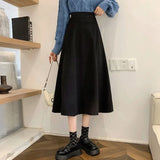 Poshoot Autumn Winter Woolen A Line Skirt Women Back Elastic High Waisted Pleated Skirts Woman Korean College Style Midi Skirt