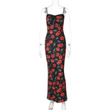 Poshoot Cherry Print Spaghetti Strap Long Dresses Vacation Summer Streetwear Y2K Caual Summer Clothes Fashion 2024 Manufacturer