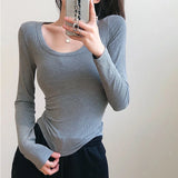 Poshoot 2024 Y2K Long Sleeve T Shirt Women Chic Solid Color Slim Fit Pullovers Woman Streetwear O Neck T-Shirts Female Basic Tee