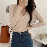 Poshoot Knitted V Neck Sweater Women 2024 Basic Single Breasted Slim Cardigan Woman Solid Color Long Sleeve Cardigan Coat Female