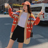 Poshoot National Wind Mixed Color Knitting Cardigans Women Korean Long Sleeve Loose V Neck Cardigan Woman Single Breasted Sweater Coat