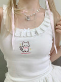 Poshoot Kawaii Cat Embroidery Tank Tops Women Coquette Aesthetic Cute Crop Tops Harajuku Y2k Sweet Girl White Halter Top Summer