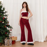 Poshoot Women Christmas Costume Santa Cosplay Costume Plush Trim Patchwork Strapless Tube Tops Elastic Waist Long Pants Party Costume