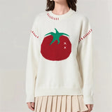 Poshoot Women Y2K Tomato Printed Pullover Sweater Top Oversized Fruit Graphic Long Sleeve Crew Neck Knit Sweater Fall Streetwear