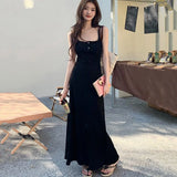 Poshoot Sexy Sleeveless Slim Long Dress Women Summer Button Decorate Square Collar Dresses Woman Korean Fashion Elastic Bodycon Dress