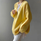 Poshoot 2024 Chic Yellow Sweater Cardigan Women Lazy Wind Single-Breasted Knitted Cardigan Women Solid V Neck Cardigans Female