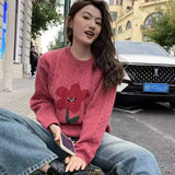 Poshoot Korean Sweet Flower Sweater Female Chic Round Neck Twist Knitted Sweater for Women Long Sleeve Loose Street Jumpers Woman