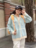 Poshoot Y2k Aesthetic Cartoon Embroidery Hooded Cardigans Casual Grunge Contrast Color Stripe Tops Worean Japanese Loose Zipper Sweater