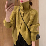 Poshoot Korean Fashion Turtleneck Knit Cardigans Women Autumn Winter Long Sleeve Button Knitwear Female Solid Color Loose Cardigan Coats