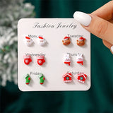 Poshoot 6 Pairs/Set Christmas Stud Earring For Women Cute Cartoon Resin Snowflake Santa Claus Elk Earrings Girl Party New Year Jewelry