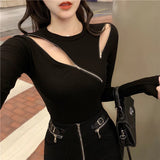 Poshoot Sexy Zipper Slim Fit Sweater Women Autumn Winter Long Sleeve Knitted Jumper Woman 2023 Streetwear Hollow Out Jerseys Female