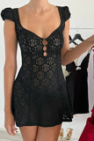 Poshoot Christmas Thanksgiving Gifts  See-Through Lace Short Sleeve V-Neck A-Line Mini Dress