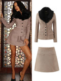 Poshoot Fur Collar Coat And Mini Skirt Set