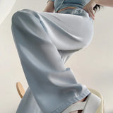 Poshoot-Women's Summer Acetate Ice Silk Wide Leg Pants Lady Summer Casual Solid Color Elastic Waist Loose Long Pants