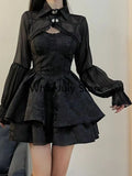 Poshoot Summer Black Gothic Lolita Short Party Suits Women Long Sleeve Coat + Pure Color Mini Dress Fashion High Waist Outfits Chic