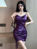 Poshoot Sexy Purple Satin Brilliant Hip Strap V Neck Rockabilly Dress Women Fashionable Dresses Evening Party Hipster Off Shoulder 6VA3