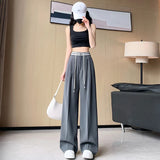 Poshoot-Women's Spring Summer Casual Wide Leg Suit Pants Lady Summer High Waist Elastic Waist Full Length Loose Suit Pants