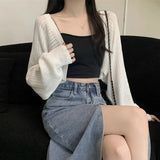 Poshoot Sunscreen Crop Knit Cardigan Women Korean Style Solid Color Thin Cardigan Coat Woman Simple Long Sleeve Smock Top Ladies