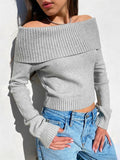 Poshoot Women Off The Shoulder Sweater Y2k Long Sleeve Boat Neck Knit Cropped Pullover Tops Fall Trendy Going Out Streetwear