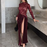 Talenza Lace Maxi Skirt Suit Women's Sexy Mesh See-through Long Sleeve Jumpsuit Slim Lace Up Floral Skirt Suit Female Skirt Suit