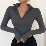 Poshoot Zipper Up Long Sleeve T-Shirts Woman 2024 Streetwear Skinny Crop Tops for Women Solid Color Slim Fit Y2K Tee Shirt Female