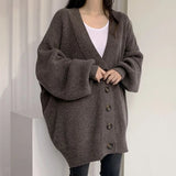 Poshoot Oversized Knit Cardigan for Women 2024 Korean Fashion Long Sleeve Sweater Woman Chic Single Breasted Loose Cardigan Coat