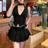 Poshoot Summer 2 Piece Skirt Set V-neck Lace Patchwork Striped Casual Camisole Women + High Waist Pleated A-line Skirt Vintage Suit