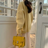 Poshoot  Yellow Knitting Cardigan Women 2024 Autumn Long Sleeve Loose Sweater Cardigans Woman Korean Style Solid Color Thin Coat