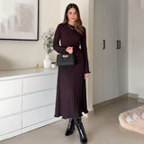 Poshoot Women's Knitted Long Dress Autumn Winter Solid Loose Long Sleeve Tie Y2k Dress Casual Office Commuting Long Dress Female