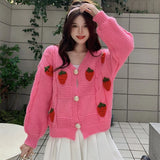 Poshoot Strawberry Decor Knitted Cardigan Women Chic Long Sleeve Sweet Cardigans Woman Korean Lazy Wind Short Sweater Coat Female