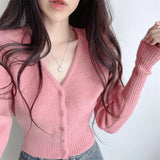 Poshoot Korean Chic Knitting Cropped Sweater Women Autumn Winter Long Sleeve Slim Fit Cardigans Woman Solid V Neck Cardigan Coats Female