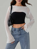 Poshoot Women Hollow Out Shrug Sweater Y2k Long Sleeve Knitted Crop Pullover Tops Loose Casual Bikini Cover-ups Fall Outfits