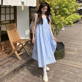 Poshoot Sweet Lace Up Spaghetti Strap Dresses Women Summer Long Solid Color Sleeveless Dress Woman Japanese Style Loose A Line Dress