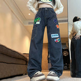 Poshoot 2025 New Cartoon Stickers Straight Jeans Women Harajuku Loose Wide Leg Trousers Woman Streetwear High Waist Denim Pants Female