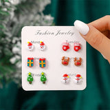 Poshoot 6 Pairs/Set Christmas Stud Earring For Women Cute Cartoon Resin Snowflake Santa Claus Elk Earrings Girl Party New Year Jewelry