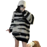 Poshoot Rimcoy American Striped Couple Sweater Women Lazy Wind Round Neck Loose Sweaters Woman Y2K Long Sleeve Oversized Knitwear Female