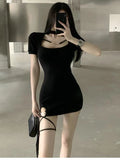 Poshoot Black Hollow Out Spicy Girl Dress Women's 2024 Summer New Sexy Nightclub Short Sleeved T-shirt Skirt Wrap Hip Short Skirt XGIO