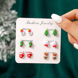 Poshoot 6 Pairs/Set Christmas Stud Earring For Women Cute Cartoon Resin Snowflake Santa Claus Elk Earrings Girl Party New Year Jewelry