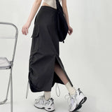 Poshoot Drawstring High Waisted Cargo Skirts Women Fashion Streetwear Split Midi Skirt Woman Chic Pockets Straight Y2K Skirts