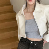 Poshoot Pu Faux Leather Long Sleeve Zipper High Waist Crop Top Jacket Coat Autumn Wholesale Clothes Y2K Streetwear Daily Outfit